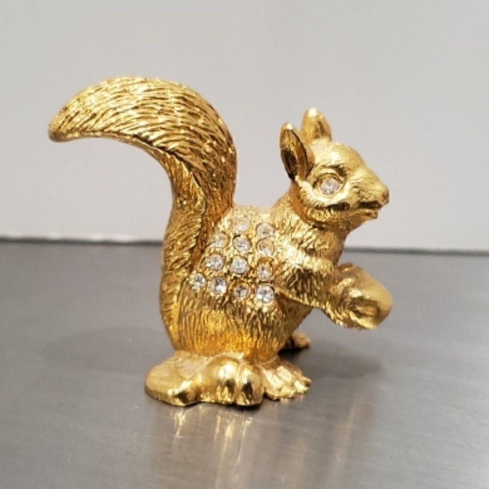 Gold Squirrel Holding Nut Rhinestone Figurine